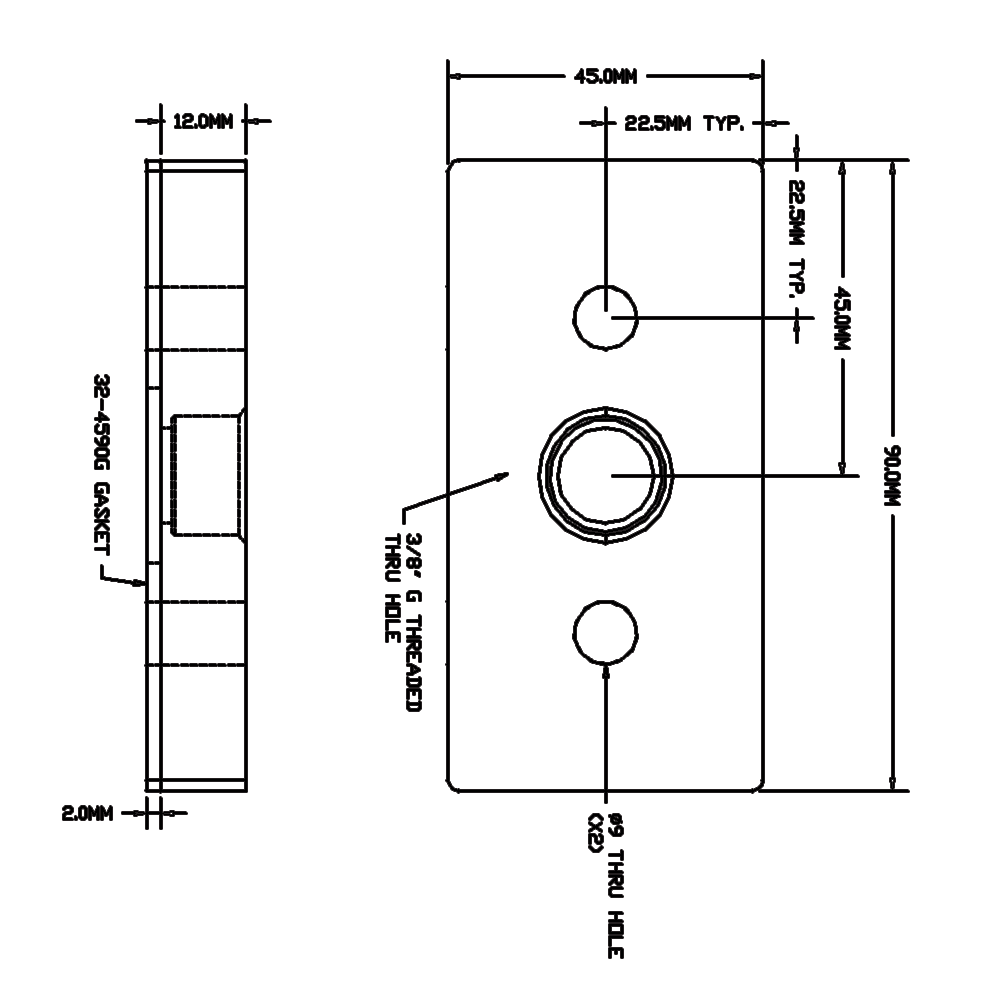 32-459038G-1SS MODULAR SOLUTIONS PNEUMATIC PLATE 45MM X 90MM WITH GASKET 3/8 G THREADED CENTER THRU HOLE
